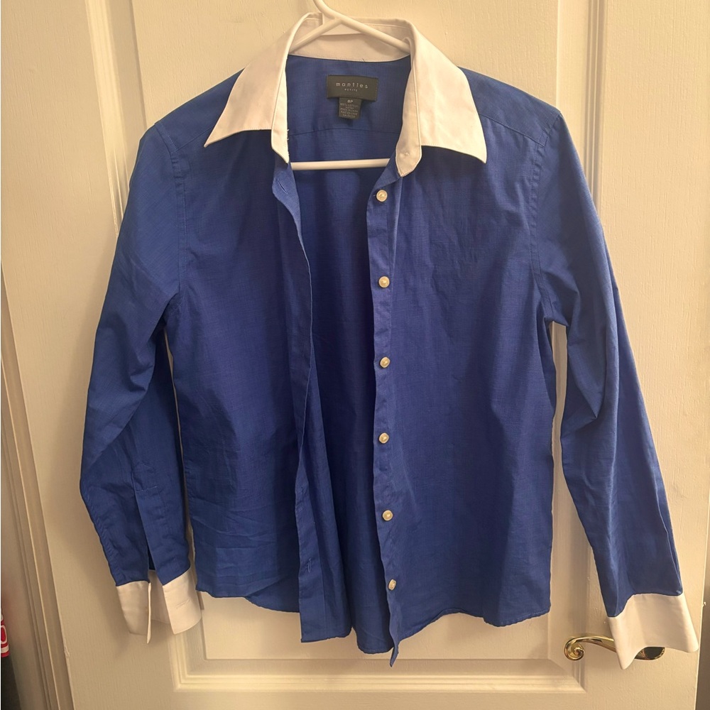 Small office shirt blouse size small blue and white